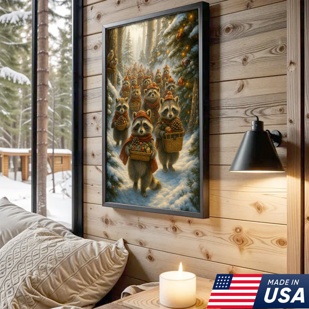 Raccoon Christmas Parade Canvas – Cozy Winter Woodland Wall Art