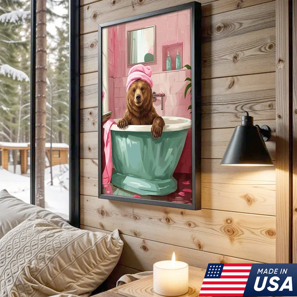 Funny Bear Bathroom Wall Art, Cute Bath Bear Canvas, Pink Bathroom Decor