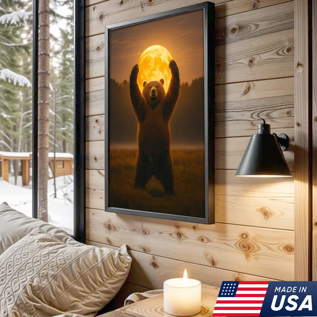 Bear Holding the Full Moon Wall Art Canvas – Mystical Wildlife Decor for Cabin & Nature Lovers