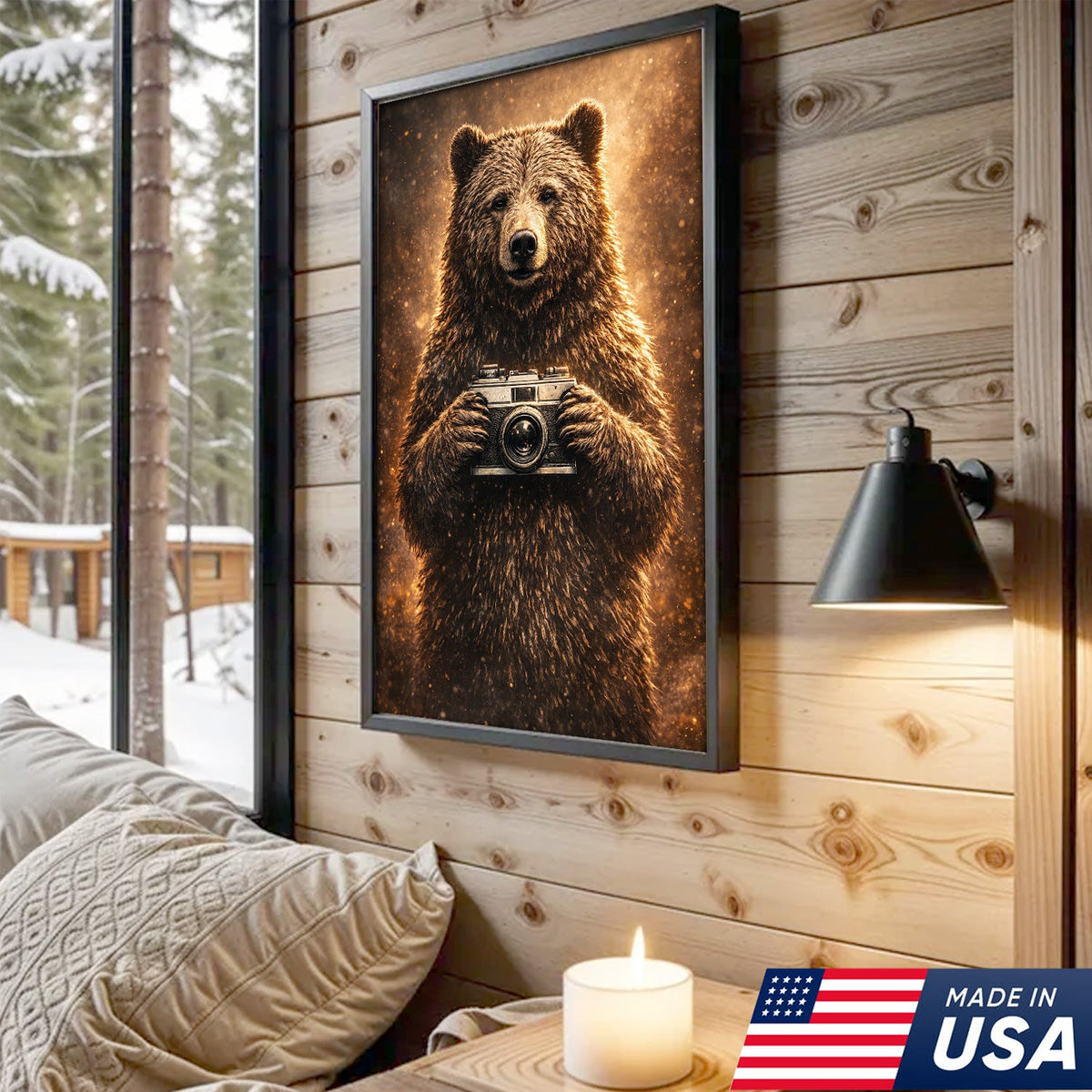 Funny Bear Photographer Wall Art Canvas – Rustic Wildlife Camera Canvas Print Decor