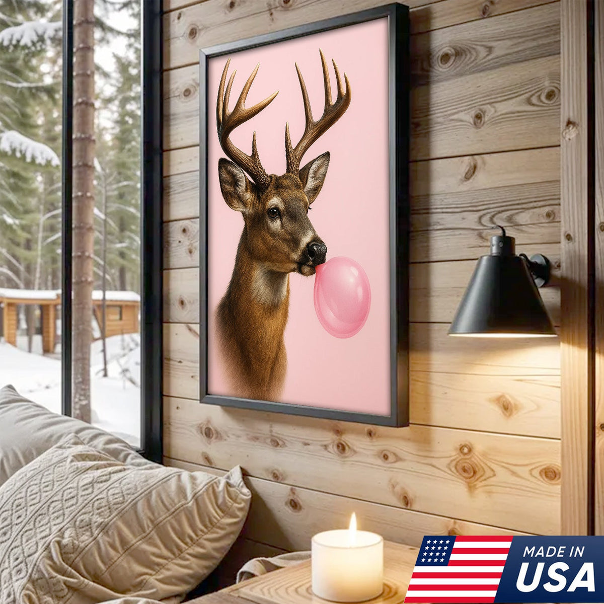 Funny Deer Blowing Bubblegum Wall Art – Modern Animal Canvas Print for Living Room