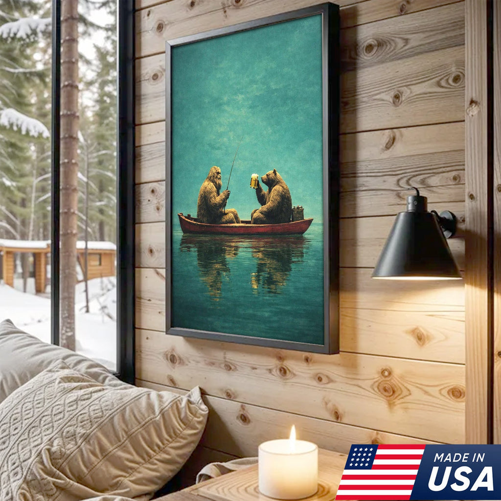 Whimsical Bear Fishing Canvas Wall Art, Surreal Animal Friendship Painting