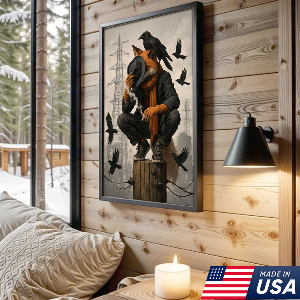 Urban Fox and Raven Canvas Wall Art, Industrial Fantasy Fox Illustration