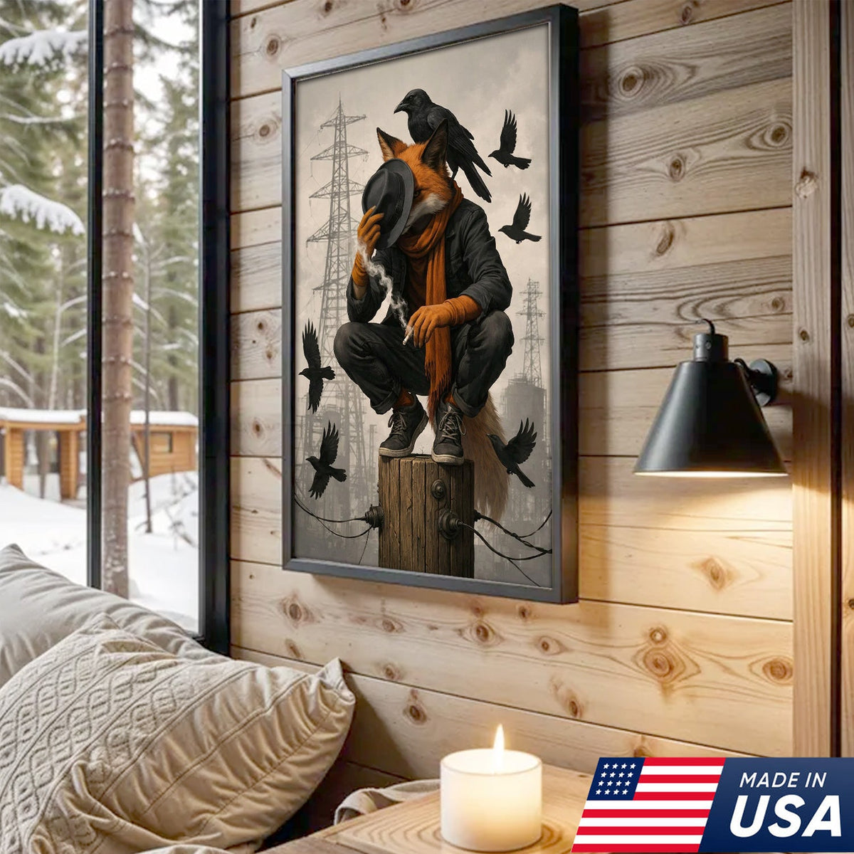 Urban Fox and Raven Canvas Wall Art, Industrial Fantasy Fox Illustration
