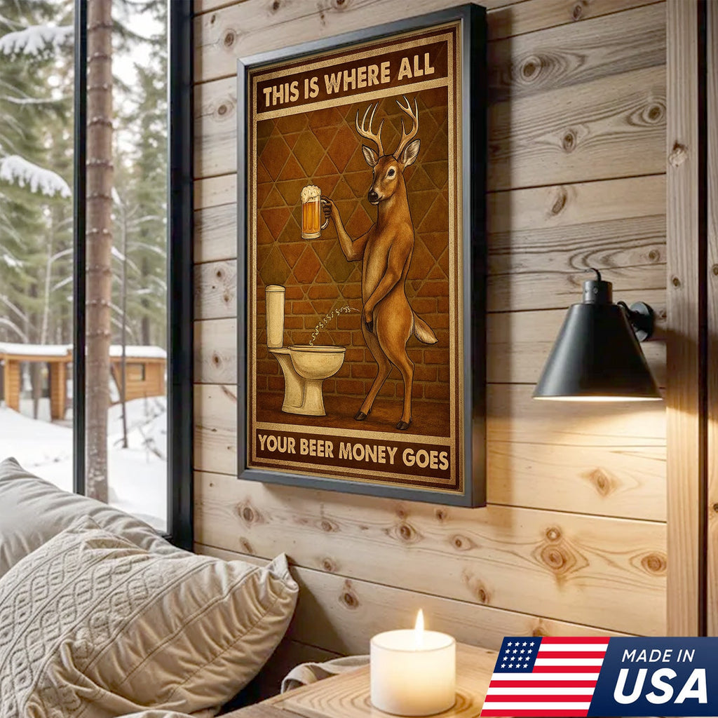 Funny Deer Beer Canvas Wall Art – Rustic Hunting Lodge Bar Decor Gift for Hunters & Beer Lovers