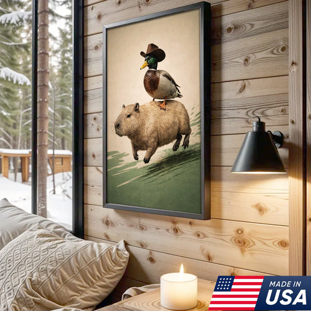 Whimsical Cowboy Duck Riding Capybara Canvas Wall Art, Surreal Animal Adventure Painting