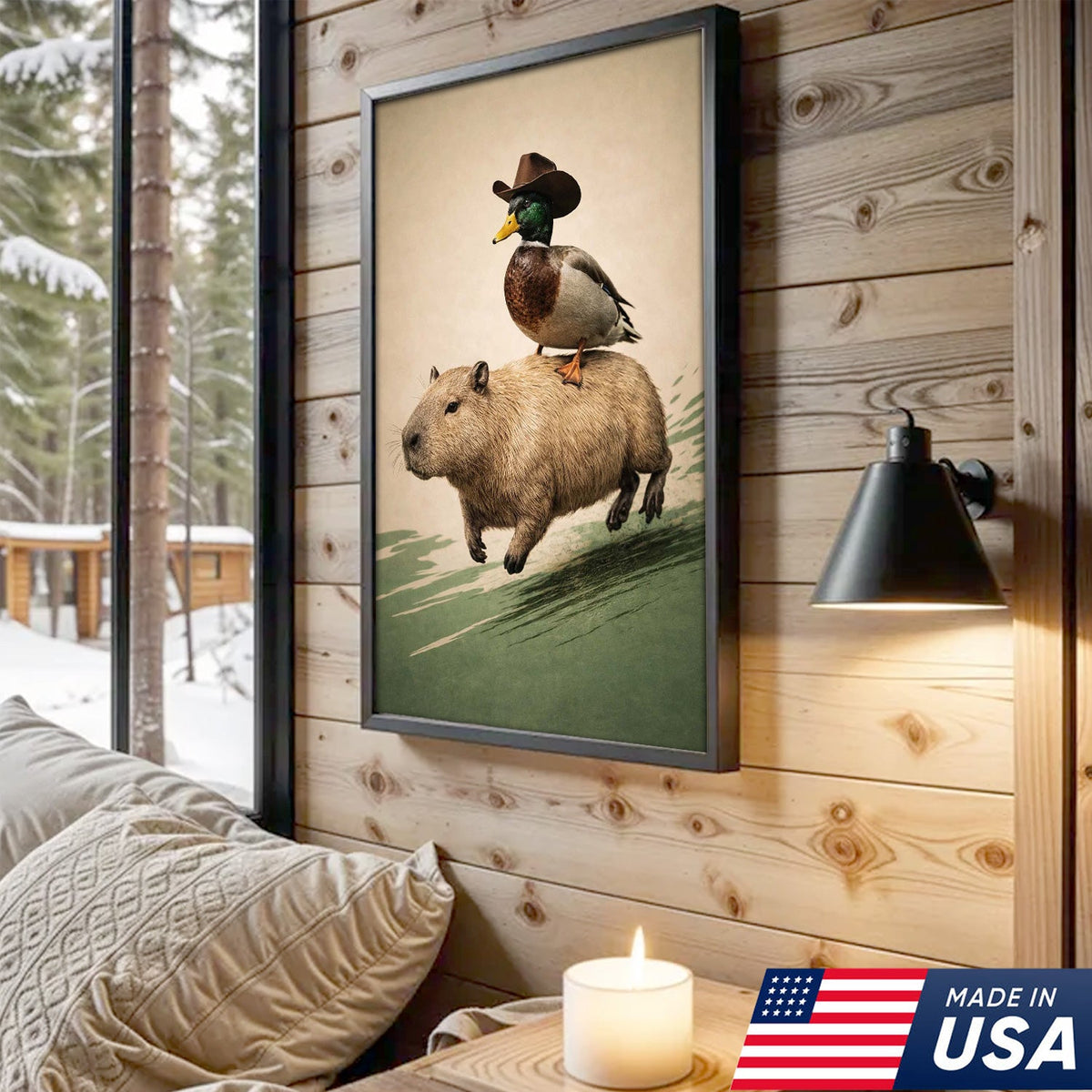 Whimsical Cowboy Duck Riding Capybara Canvas Wall Art, Surreal Animal Adventure Painting