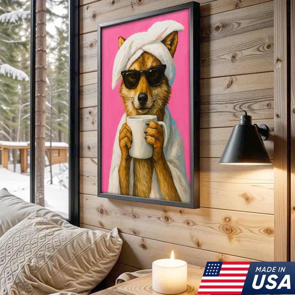 Funny Fox Drinking Coffee Wall Art – Modern Animal Canvas Print for Kitchen