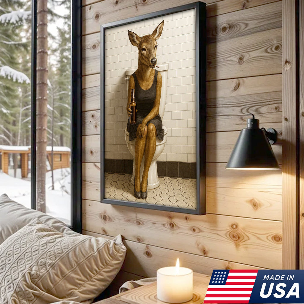 Funny Doe Canvas Wall Art – Hilarious Bathroom Humor Decor – Rustic Cabin Lodge Gag Gift