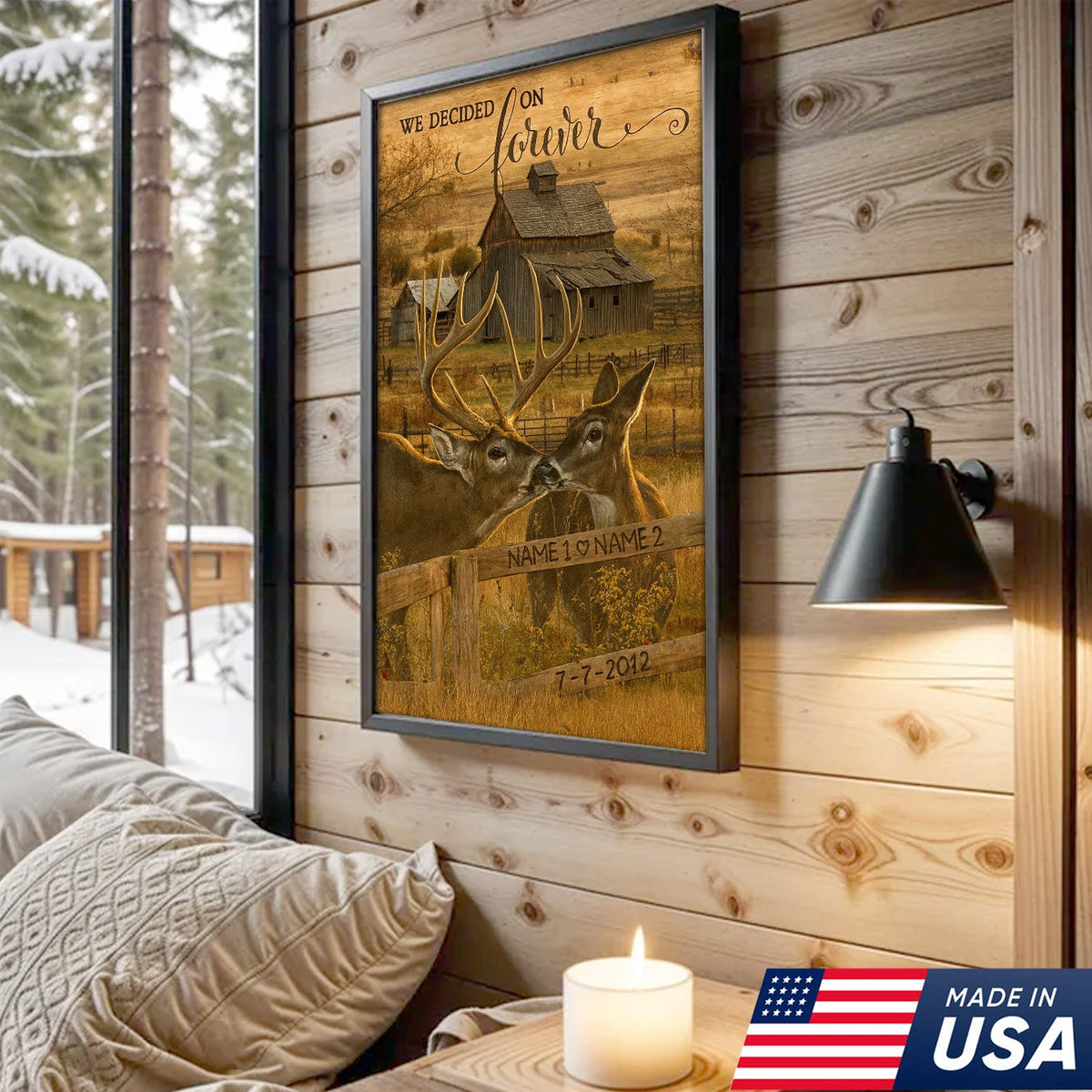 Rustic Deer Couple Canvas Art – Personalized Farmhouse Buck & Doe Kissing Scene