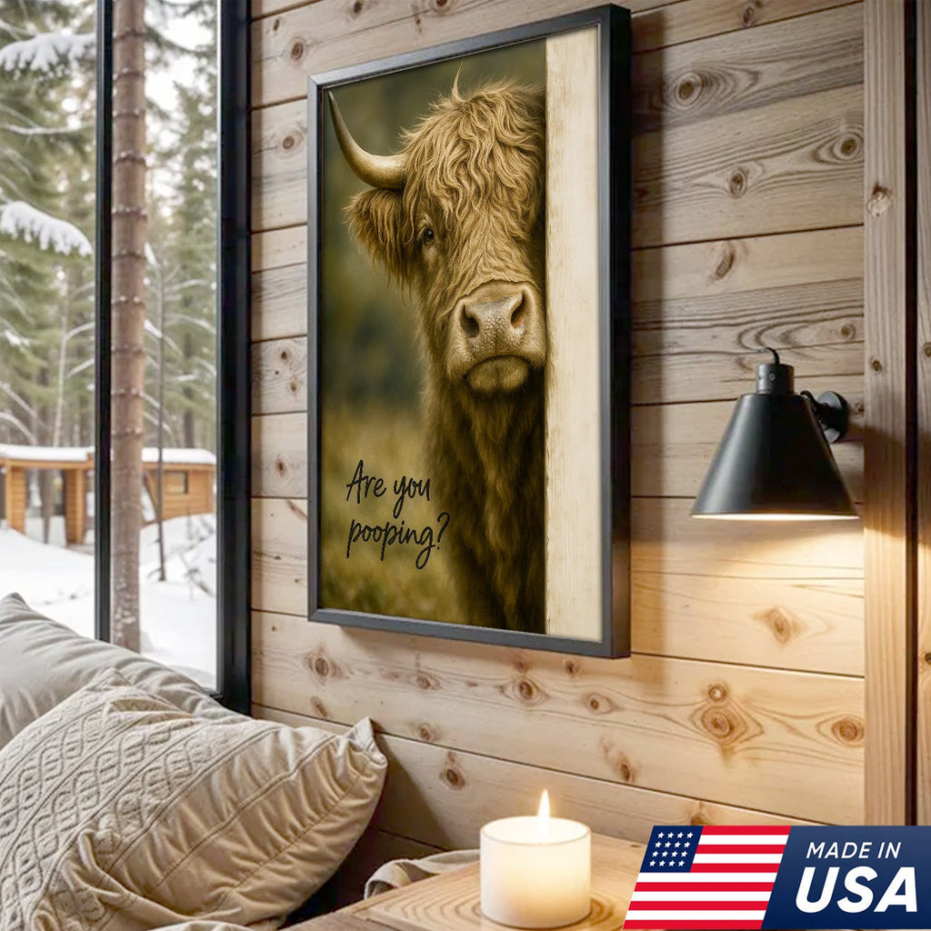 Highland Cow Bathroom Wall Art, Funny “Are You Pooping?” Farmhouse Canvas