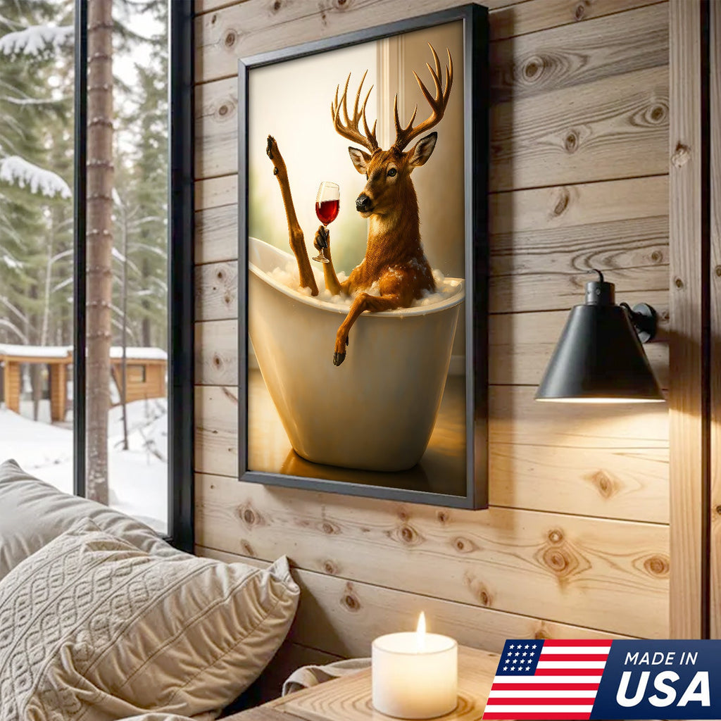 Relaxing Deer in Bathtub Funny Wall Art – Unique Gift for Hunters, Rustic Cabin Decor Canvas