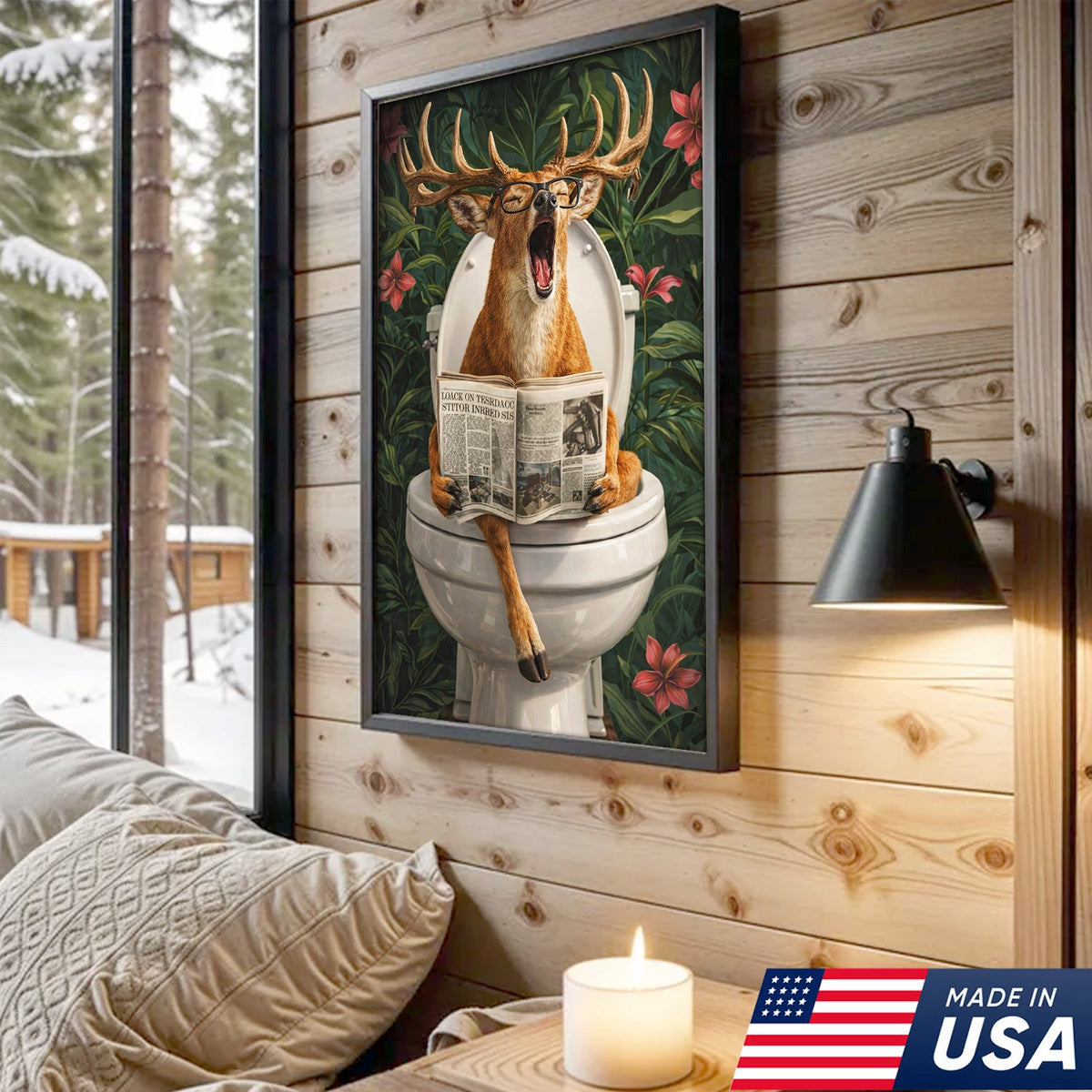 Funny Deer Toilet Canvas Wall Art – Humorous Animal Bathroom Decor with Newspaper