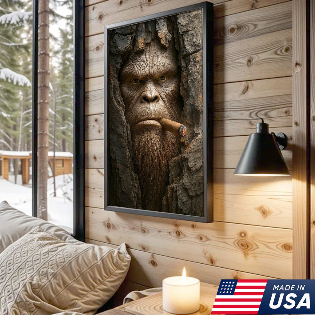 Bigfoot in the Woods Canvas Wall Art, Funny Sasquatch Portrait Artwork, Rustic Cabin Decor for Men