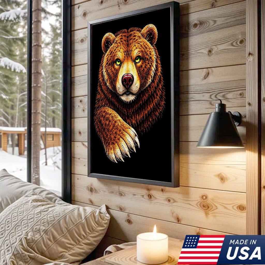 Golden Bear Portrait Canvas Wall Art – Majestic Wildlife Animal Print with Black Background