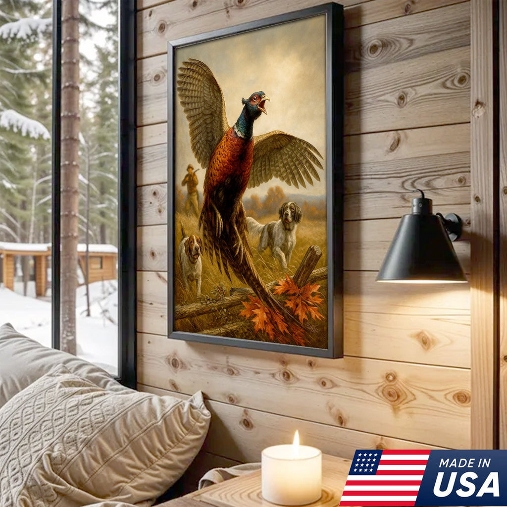 Pheasant Hunting Canvas – Flushing Bird with Pointing Dogs, Cabin & Man Cave Wall Art
