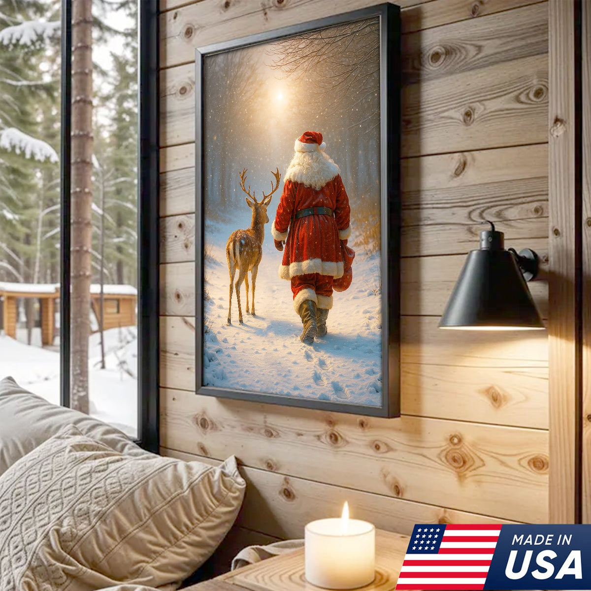 Santa and Deer Christmas Canvas Wall Art – Cozy Winter Forest Decor, Holiday Gifts for Home Lovers