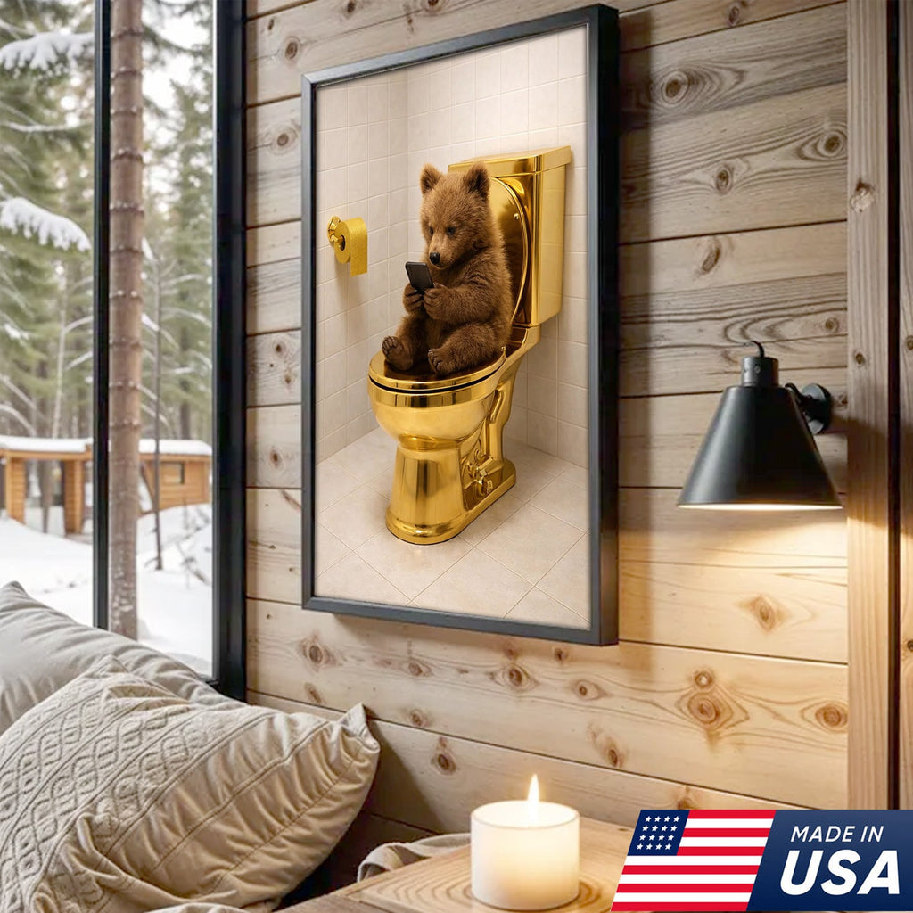 Funny Bear on Golden Toilet Canvas Wall Art, Cute Animal Bathroom Humor Illustration