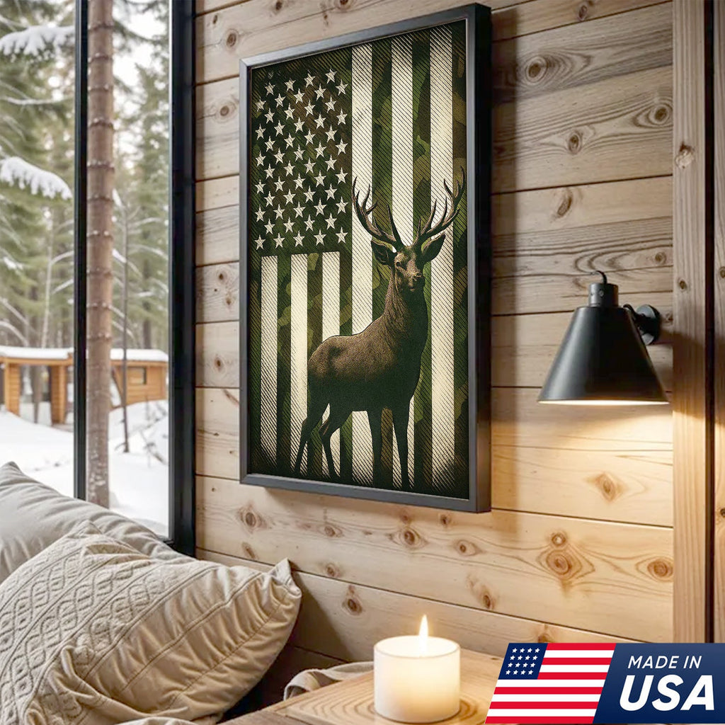 Patriotic Deer American Flag Canvas Wall Art, Camo USA Flag Buck Print