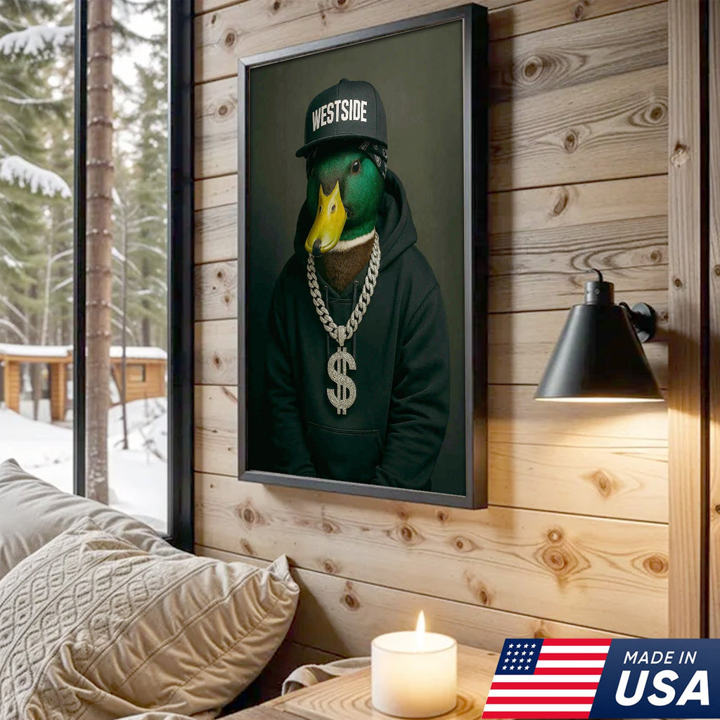 Gangster Duck Canvas Wall Art – Funny Animal Portrait, Hip Hop Duck Decor