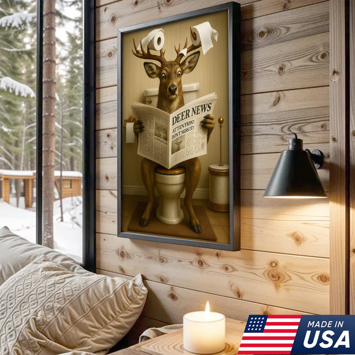 Funny Deer Bathroom Canvas – “Deer News” Toilet Wall Art for Hunters, Cabin, or Man Cave Decor