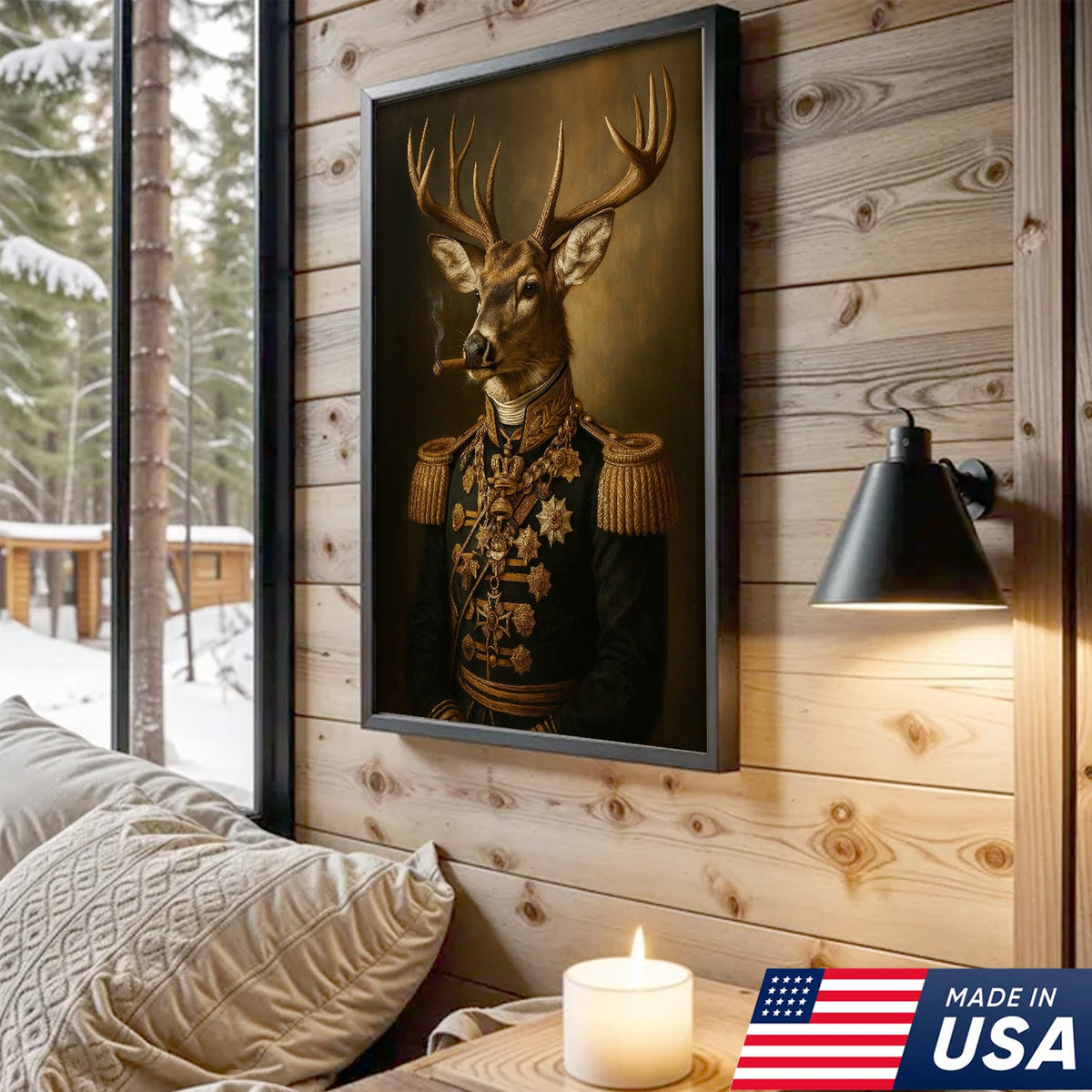 Royal Deer Portrait Canvas Wall Art, Elegant Animal Dressed in Military Uniform, Vintage Noble Stag Artwork