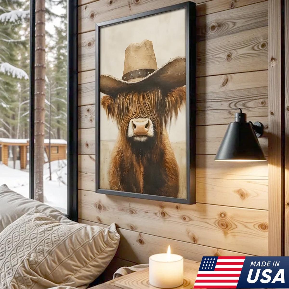 Western Farm Animal Trio Canvas Wall Art Set, Cowboy Duck Raccoon Highland Cow Portraits