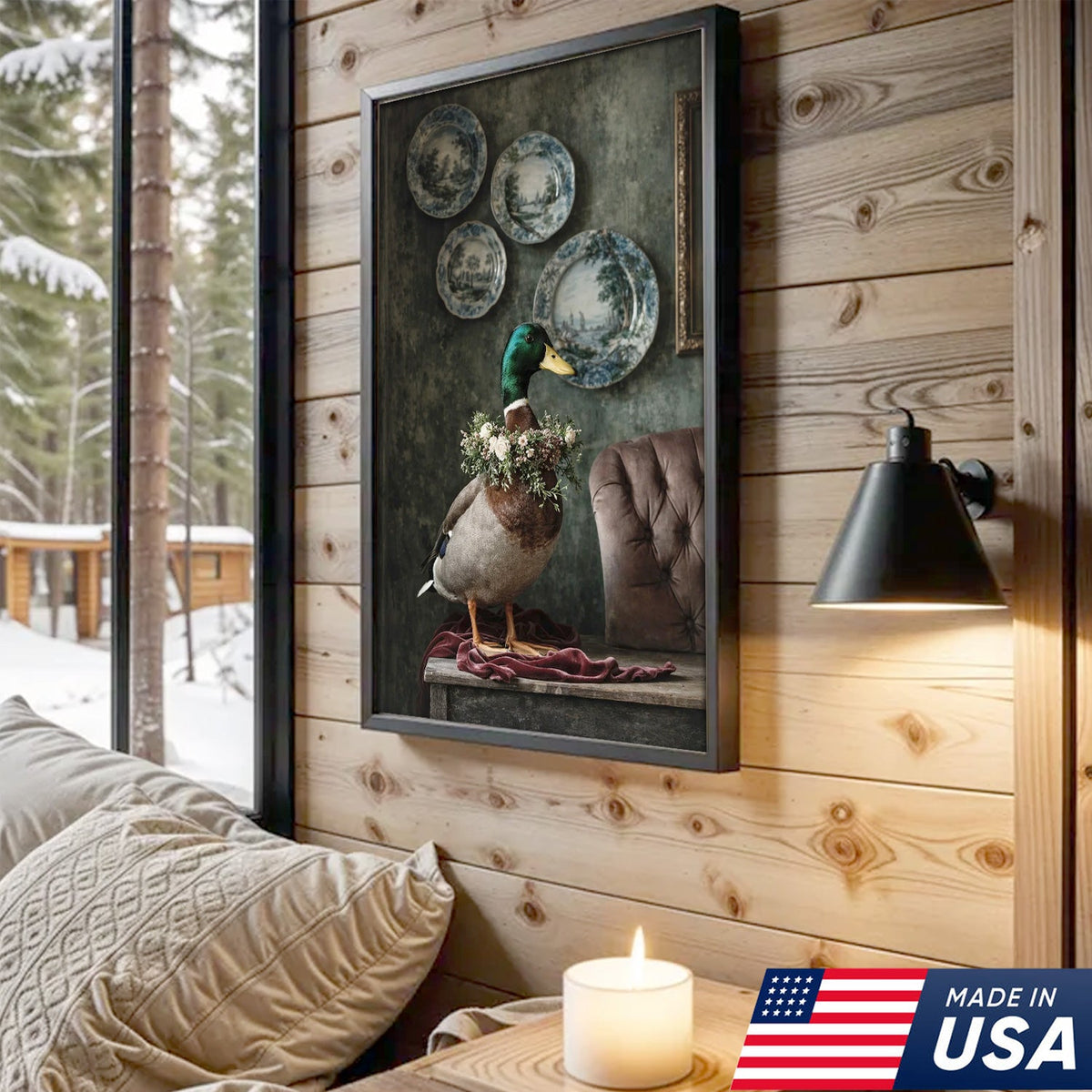 Vintage Duck Portrait Canvas Wall Art, Elegant Mallard with Floral Collar