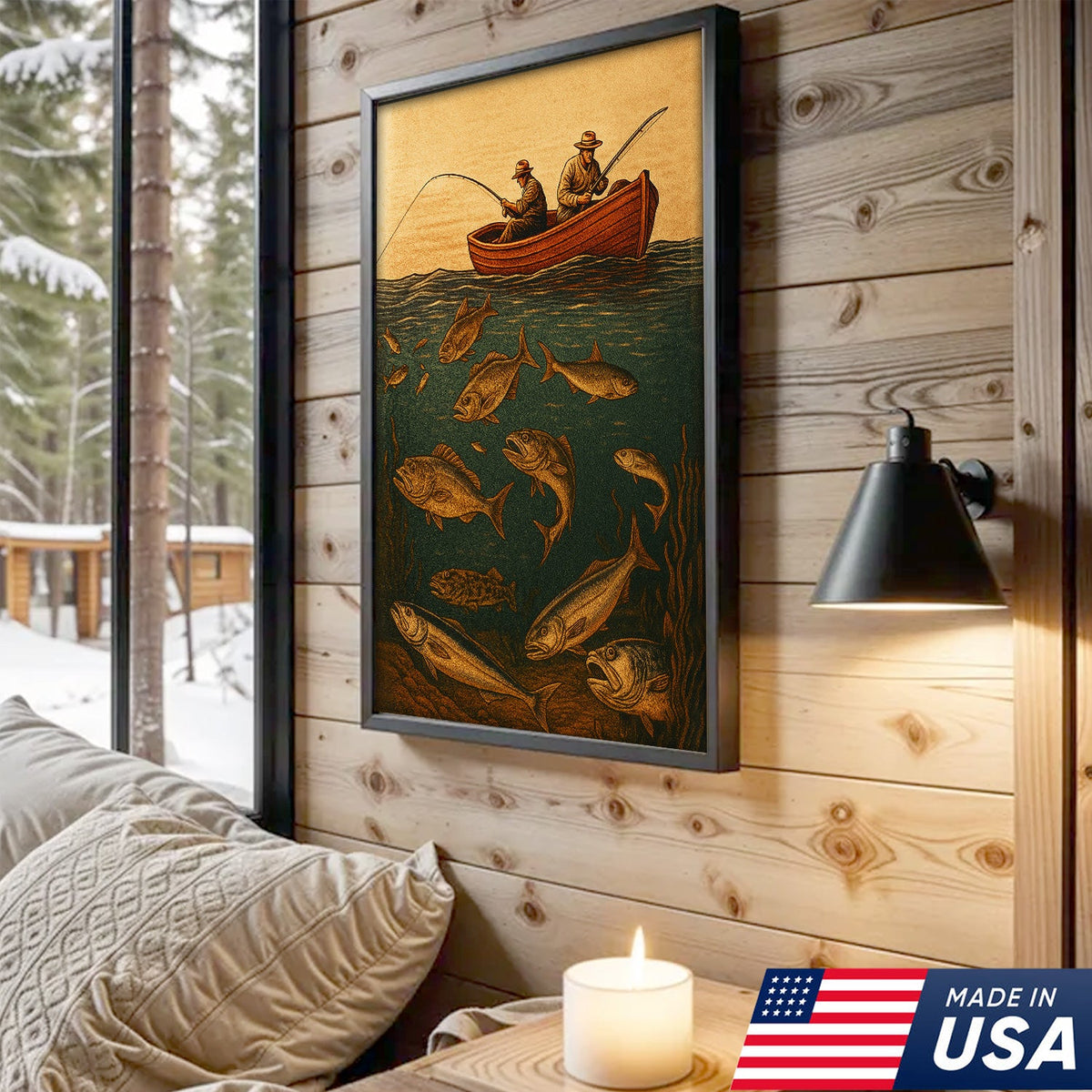 Vintage Fishermen Woodcut Wall Art – Retro Fishing Canvas Print