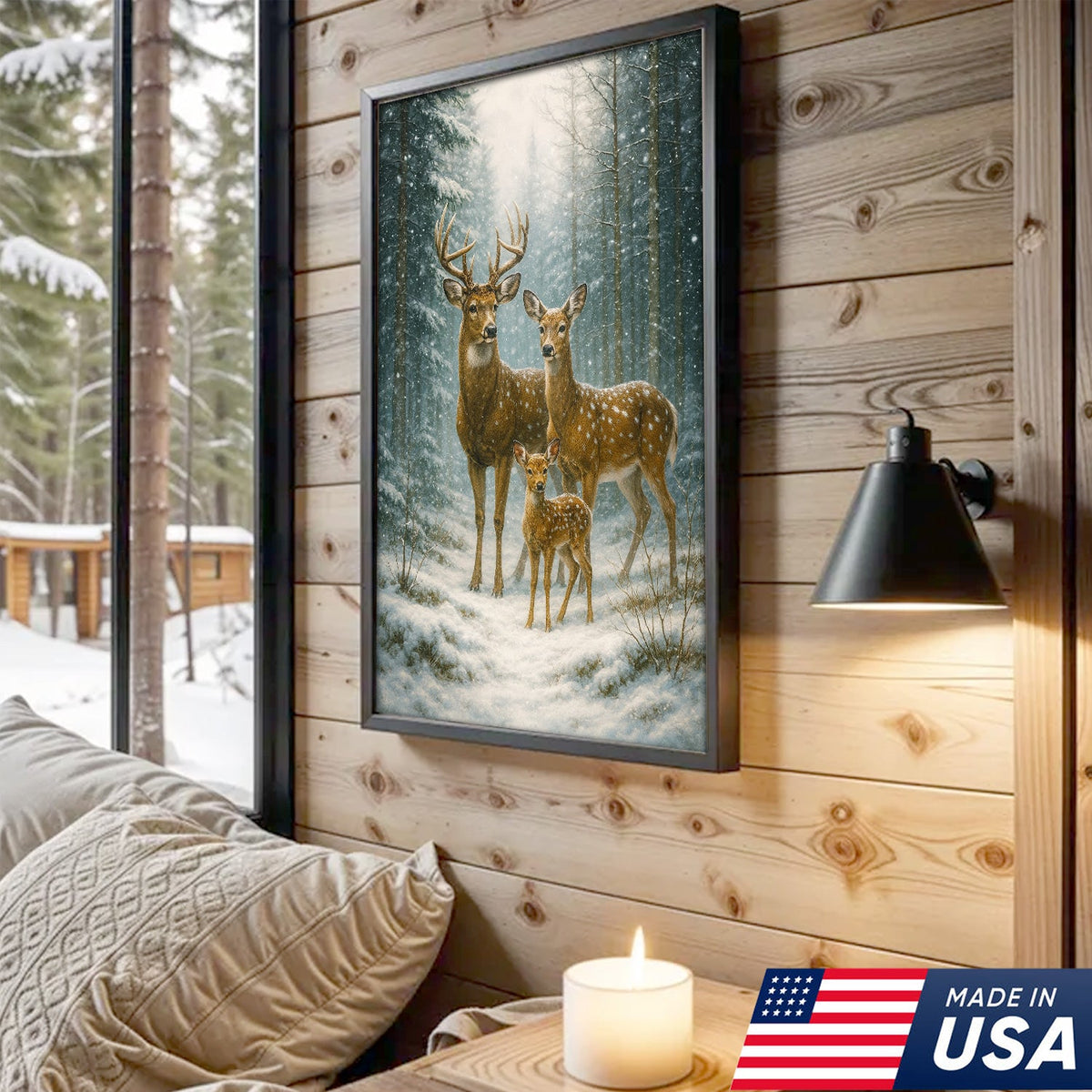 Deer Family Winter Forest Wall Art Canvas – Christmas Wildlife Gift for Nature Lovers & Cabin Homes