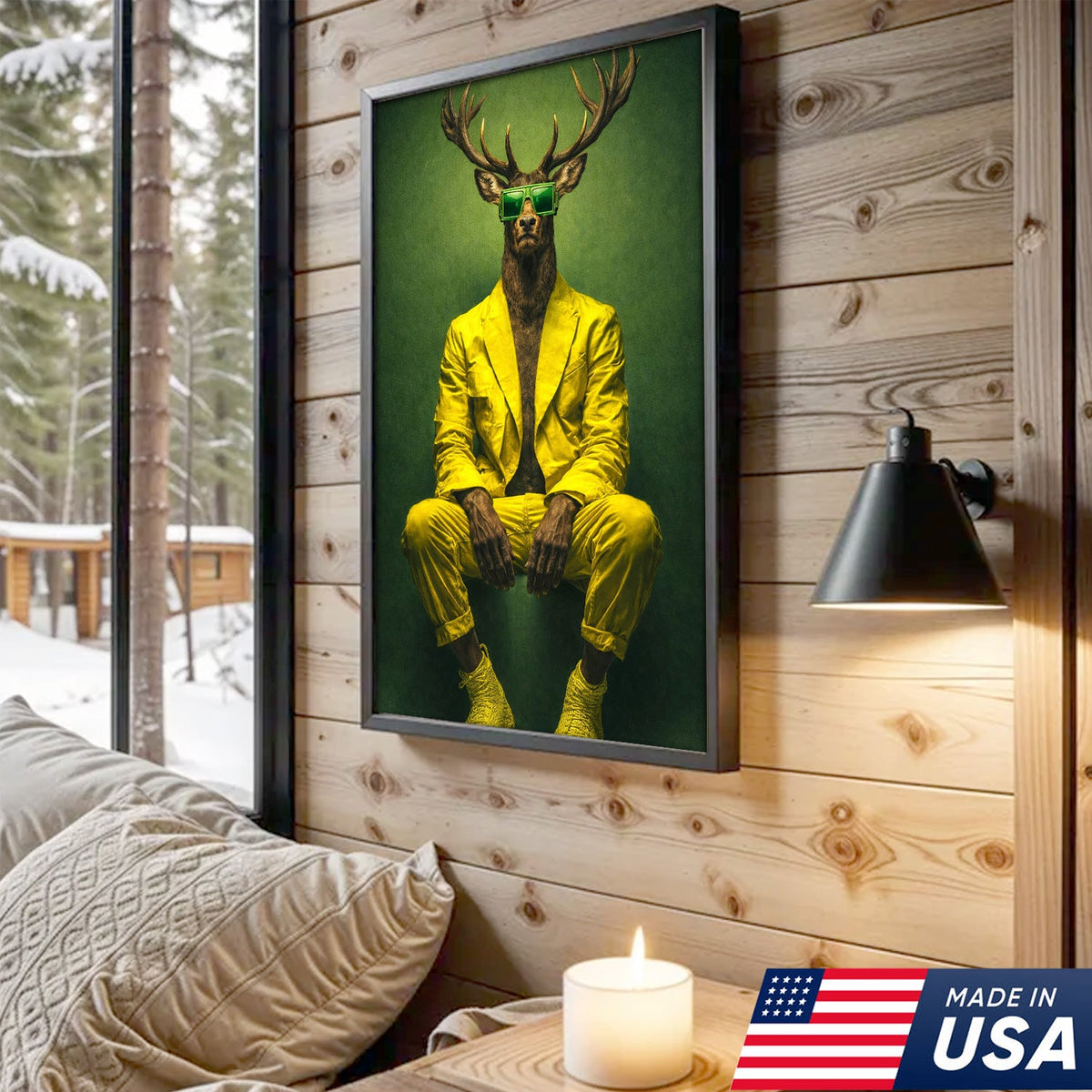 Cool Deer Canvas Wall Art Stylish Animal Portrait Green Suit Modern Decor