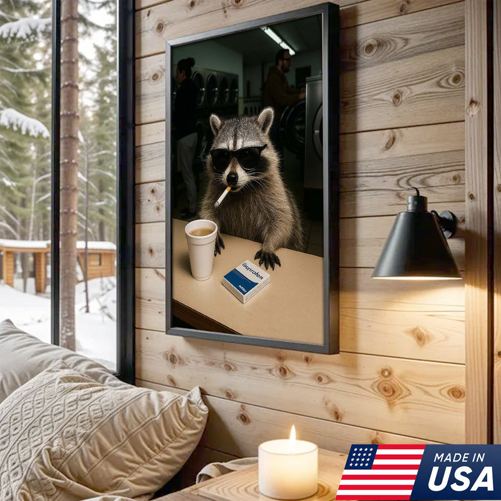Cool Raccoon Laundromat Canvas Wall Art, Funny Coffee Drinking Raccoon Print