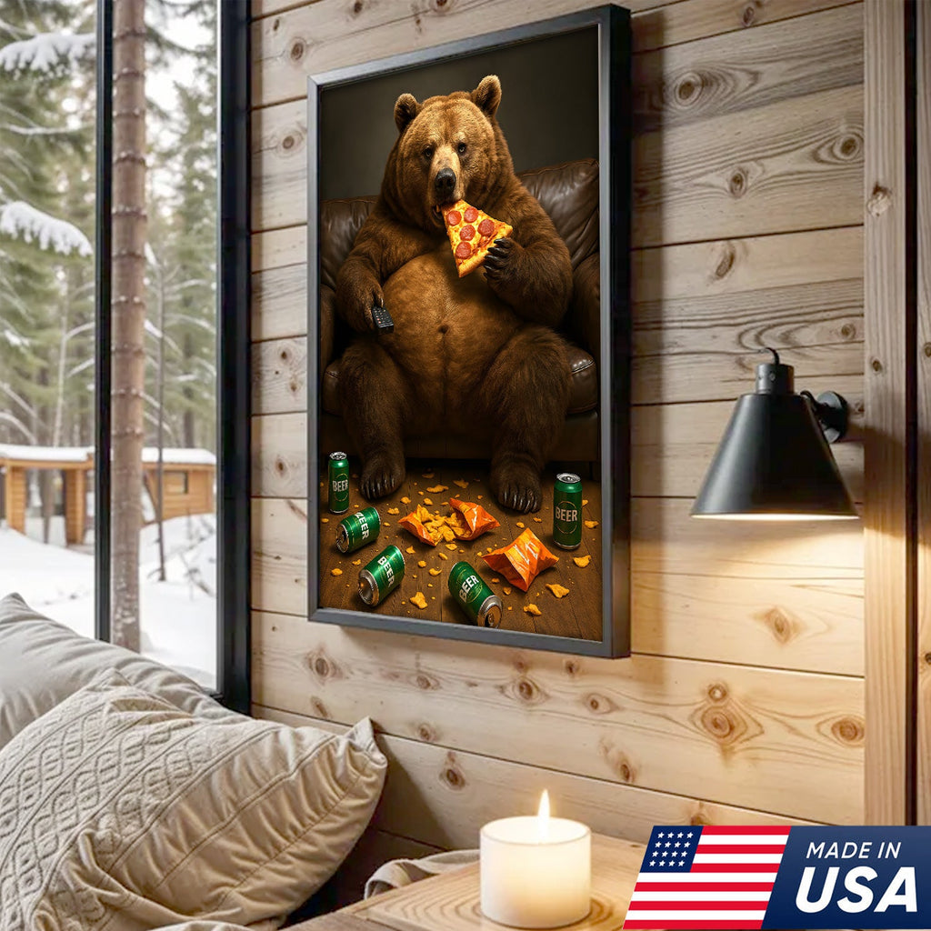 Funny Bear Eating Pizza Canvas Wall Art – Lazy Beer Lover Animal Canvas, Man Cave