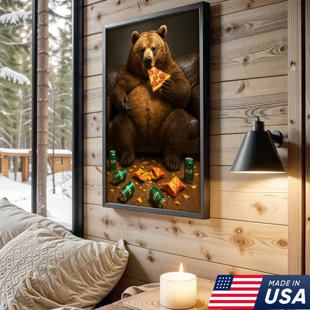 Funny Bear Eating Pizza Canvas Wall Art – Lazy Beer Lover Animal Canvas, Man Cave