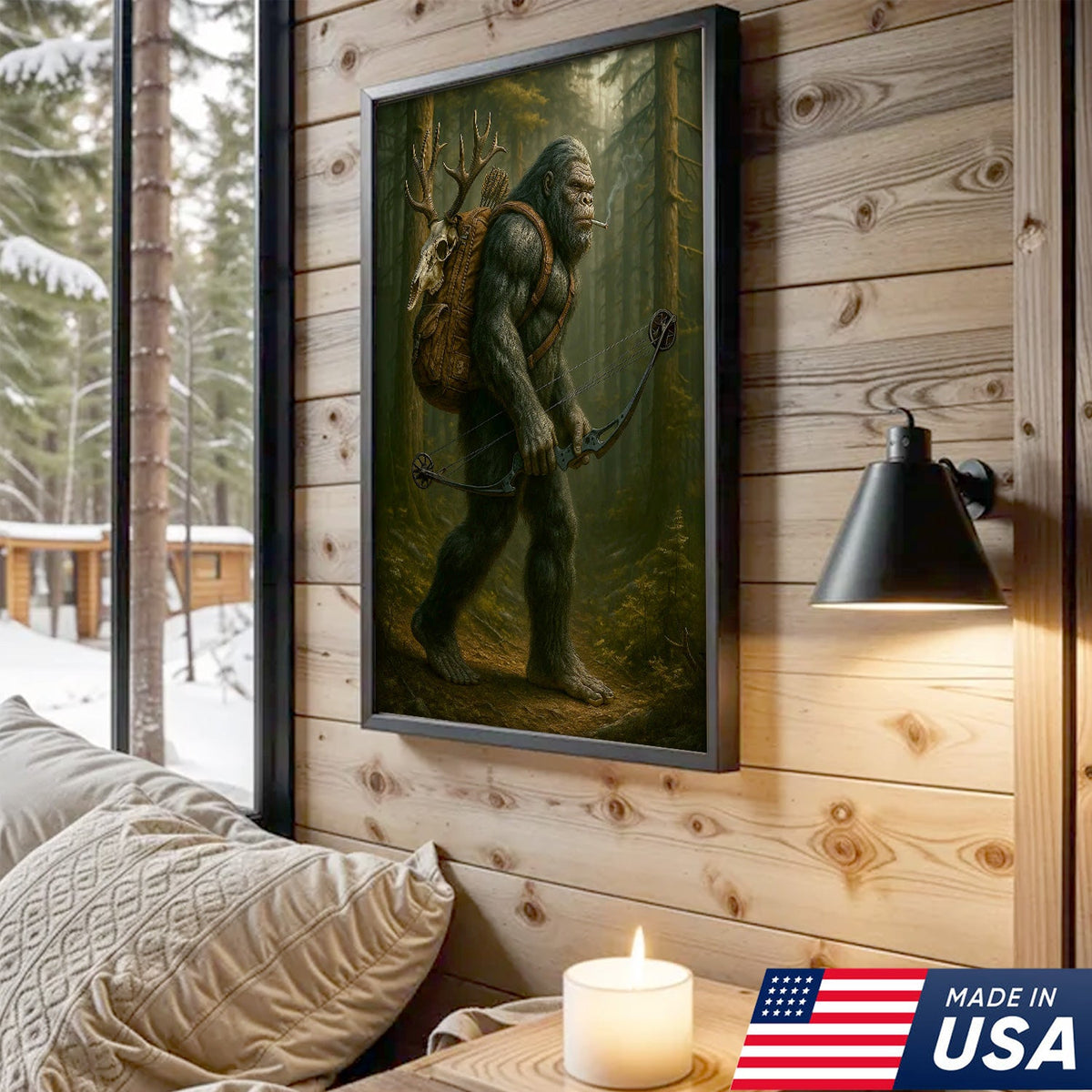 Bigfoot Hunter Canvas, Forest Archery Wall Art, Rustic Woodland Decor for Outdoor Adventure Lovers