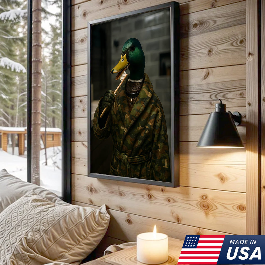 Funny Duck Brushing Teeth Canvas – Bathroom Wall Art for Men, Morning Routine Humor Decor