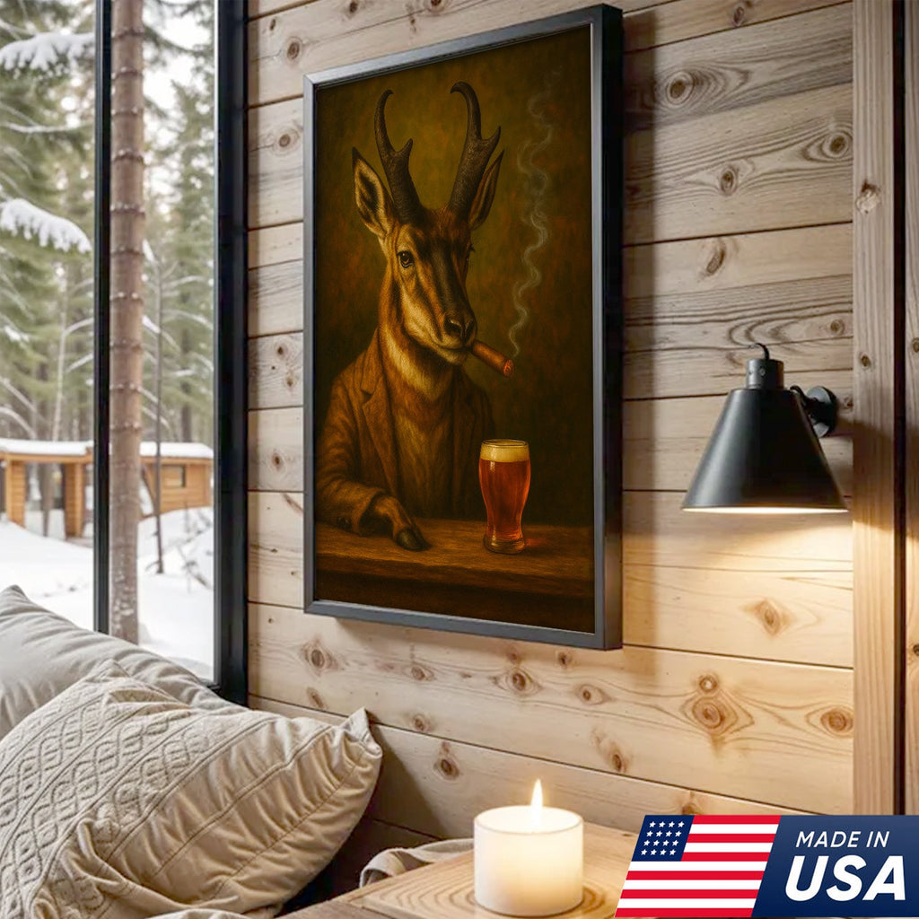 Funny Antelope Smoking & Beer Glass Canvas Wall Art - Hunting Perfect Gift for Hunters