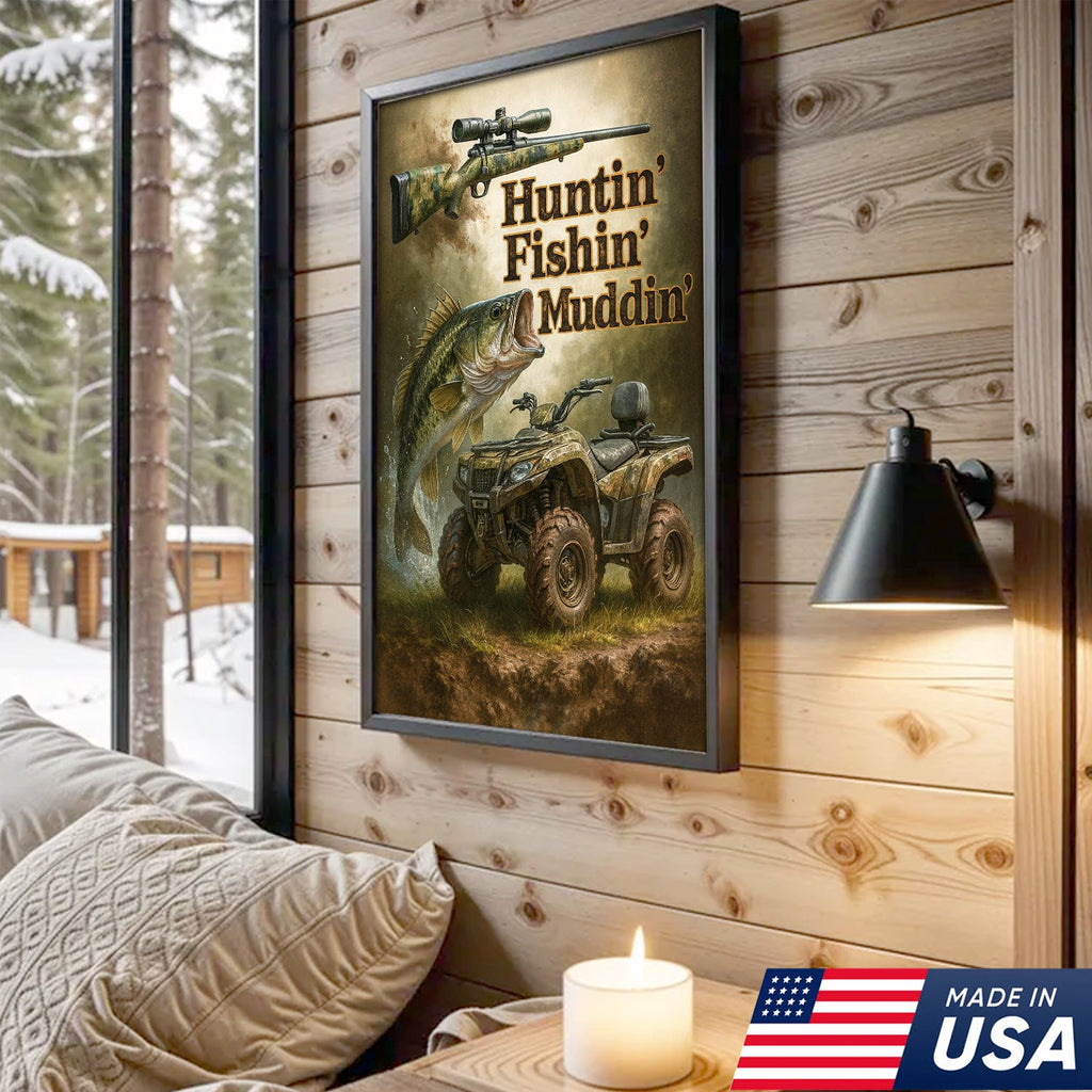 Huntin’ Fishin’ Muddin’ Canvas Wall Art, Deer Hunting and Fishing Decor for Men, Rustic ATV Cabin Artwork