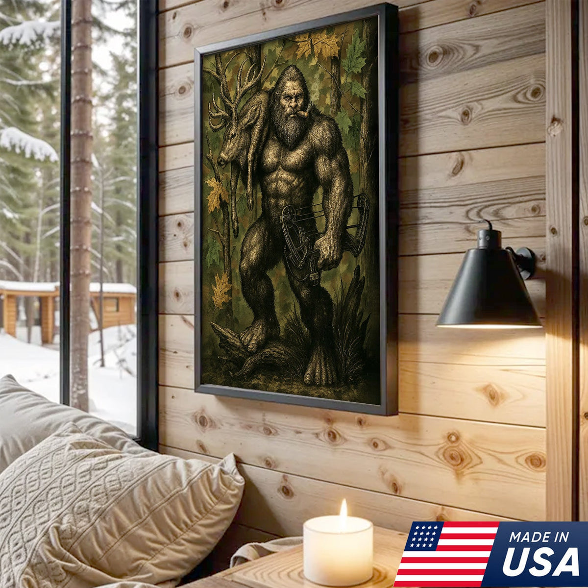 Bigfoot Hunter Canvas Wall Art, Mythical Sasquatch Bowhunting Deer Artwork
