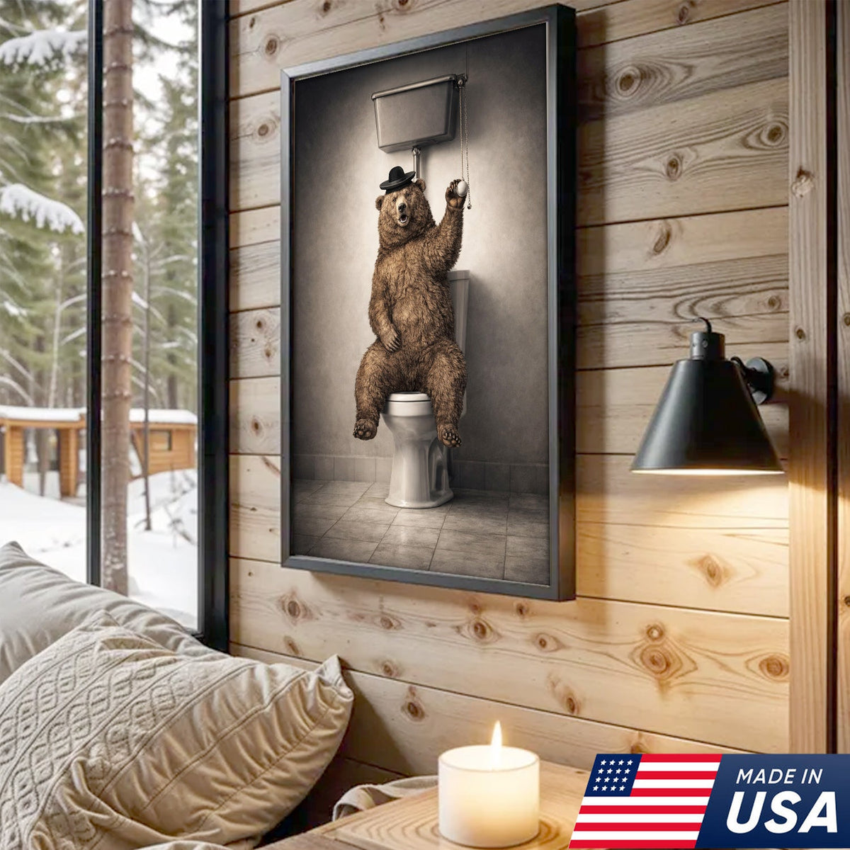 Funny Bear Bathroom Canvas Wall Art – Bear On Toilet Painting
