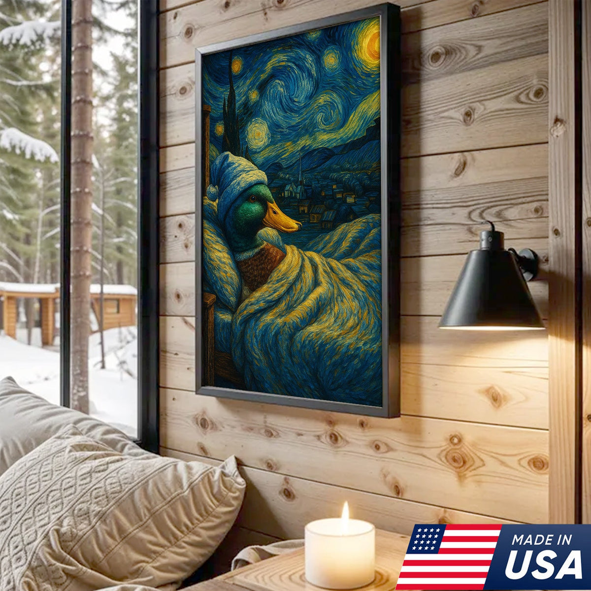 Starry Night Duck Canvas – Funny Van Gogh Parody with Cozy Duck in Bed