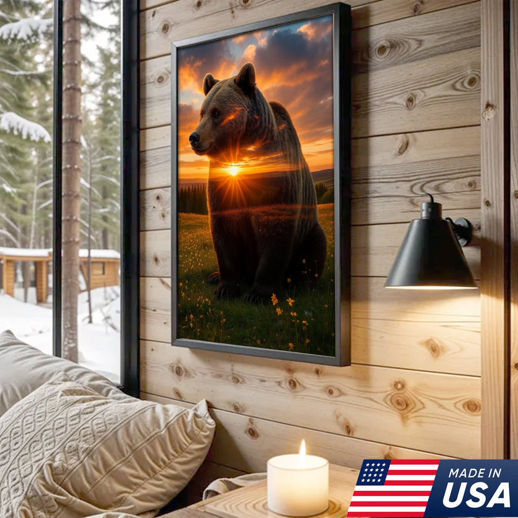Sunset Bear Canvas Wall Art, Majestic Brown Bear Nature Landscape Print
