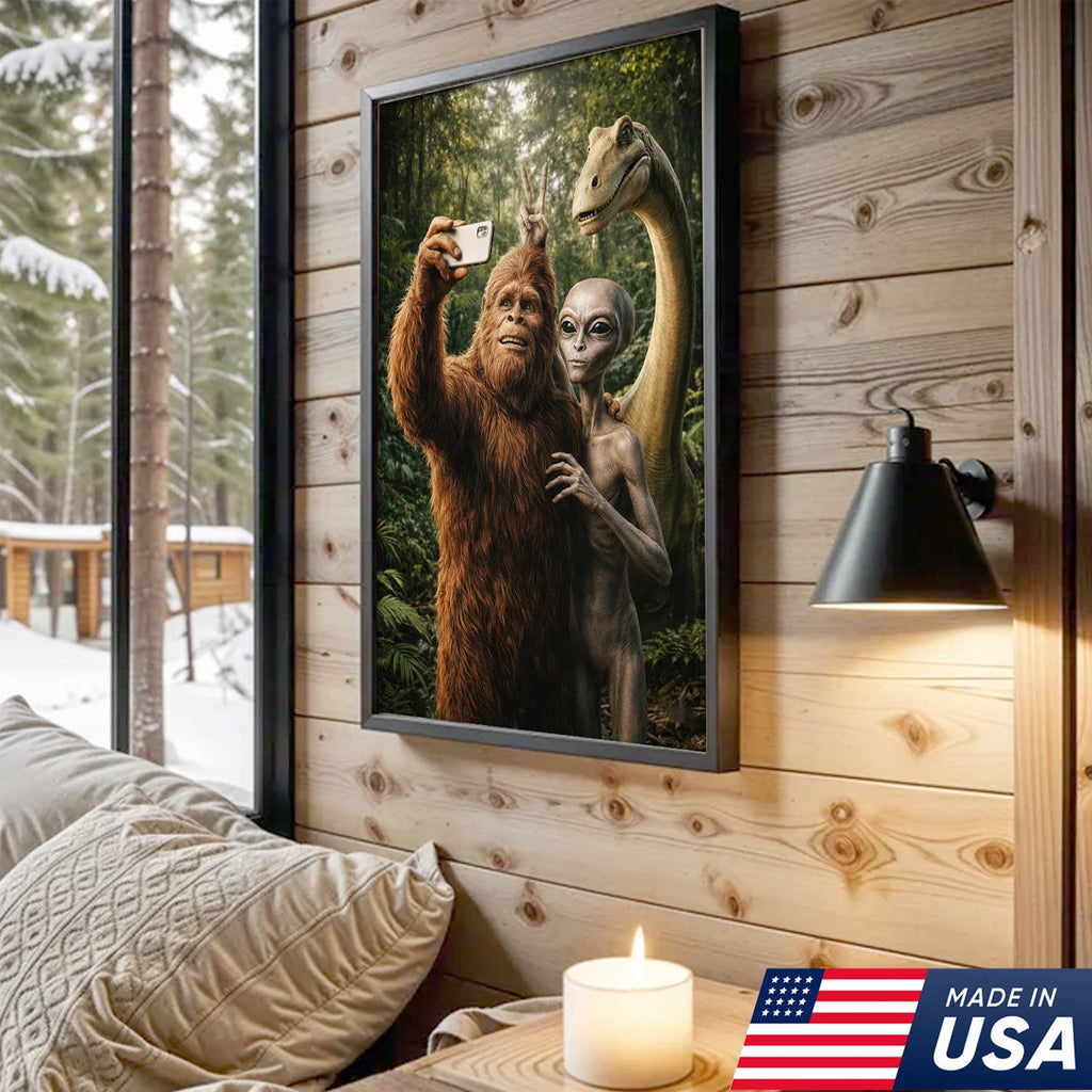 Funny Bigfoot Alien Dinosaur Selfie Canvas Wall Art, Whimsical Fantasy Creature Humor Print