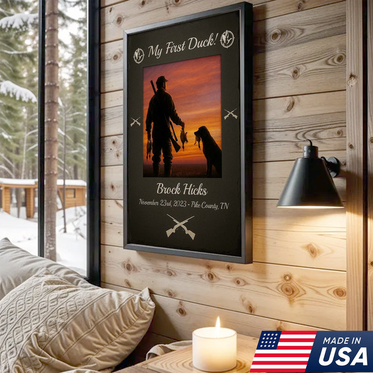 Custom My First Duck Wall Art Canvas, Personalized Duck Hunting Sunset with Dog