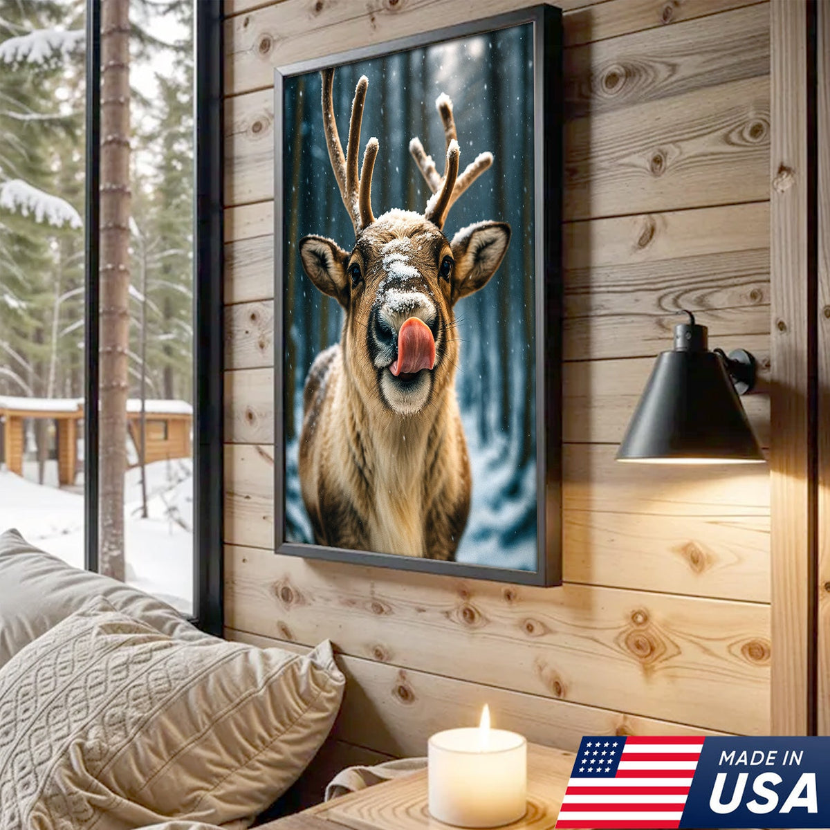 Winter Reindeer Portrait Canvas – Rustic Forest Wall Art for Cabin & Lodge Decor