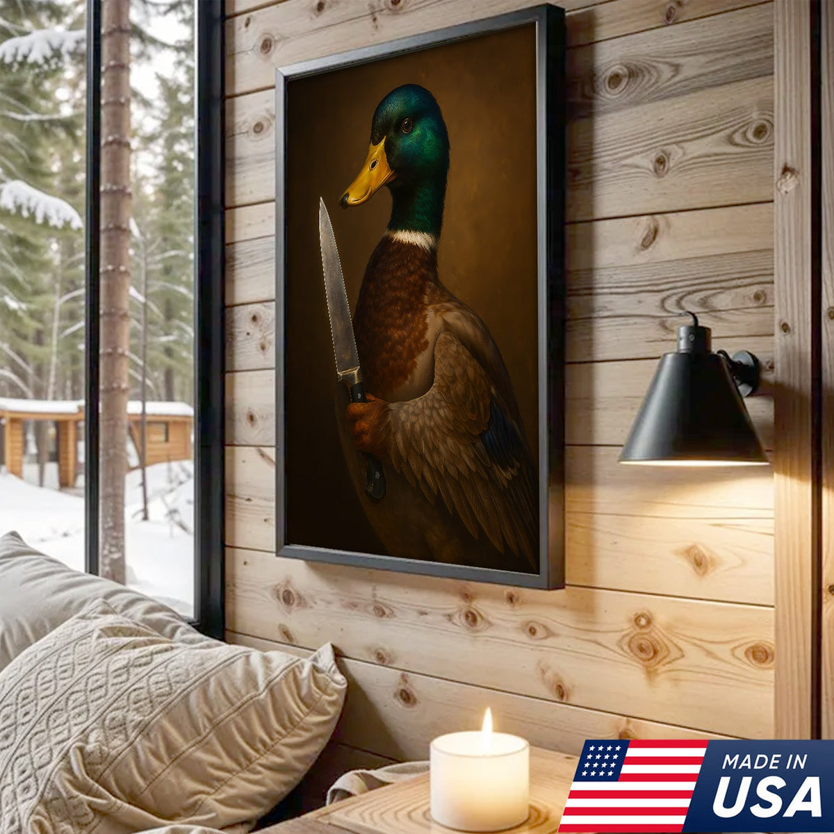 Funny Duck With Knife Wall Art – Mallard Portrait Painting, Dark Humor Animal Canvas