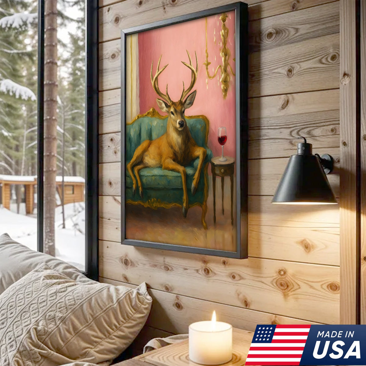 Funny Deer Chill On The Sofa Canvas Wall Art – Elegant Deer Drinking Wine Canvas