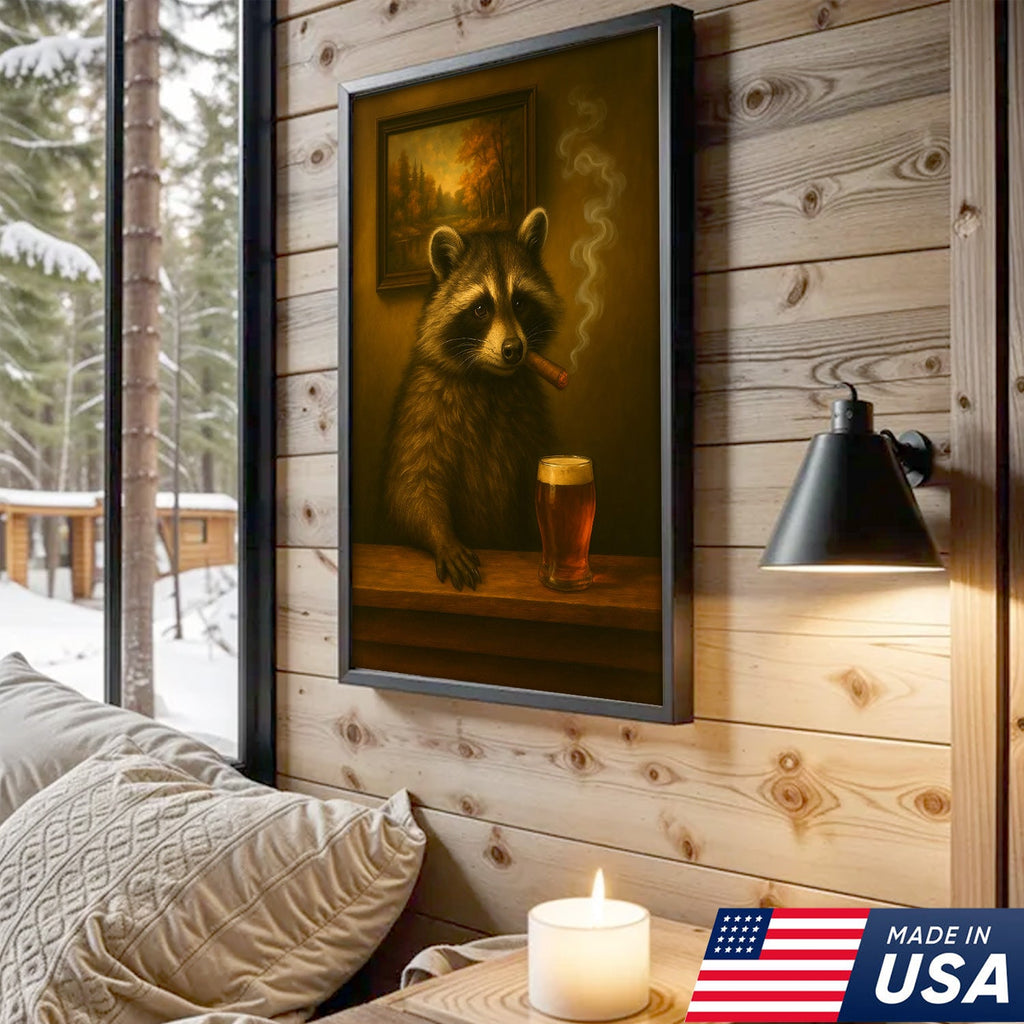 Funny Raccoon Bar Canvas Wall Art – Rustic Lodge Man Cave Décor with Beer & Smoking Humor
