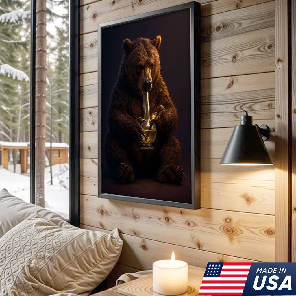 Rustic Bear Smoking Canvas Wall Art – Funny Cabin Decor for Hunters & Outdoor Lovers