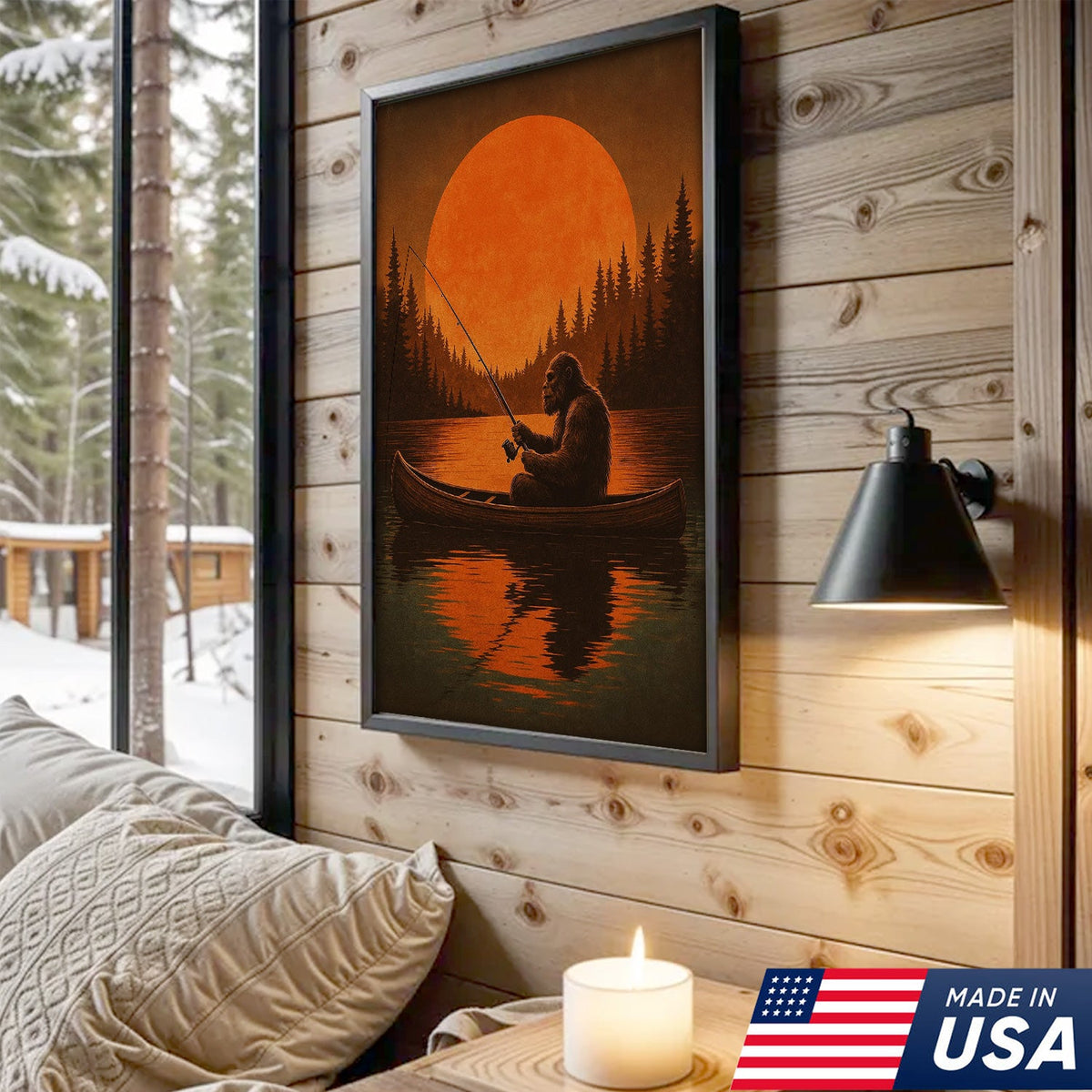 Funny Bigfoot Fishing Wall Art – Sasquatch Canoe Sunset Canvas for Anglers, Hunters